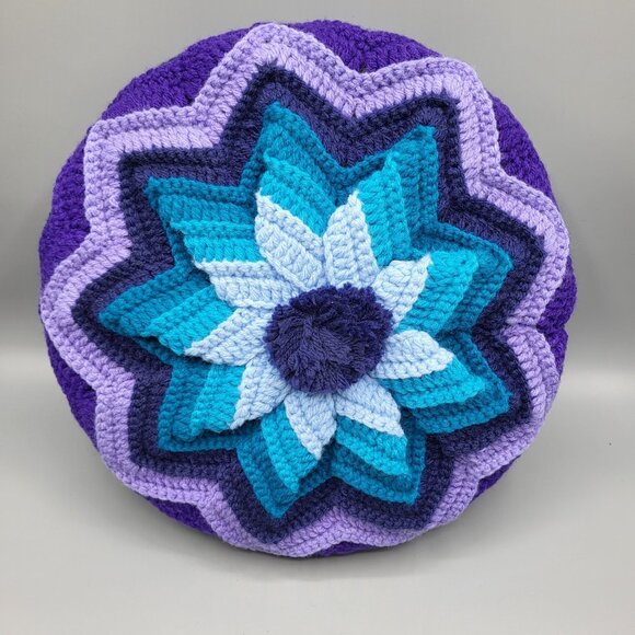 Vtg Crochet Round Granny Throw Pillow Navy Blue Purple Yarn Ruffled Handmade - Picture 6 of 11